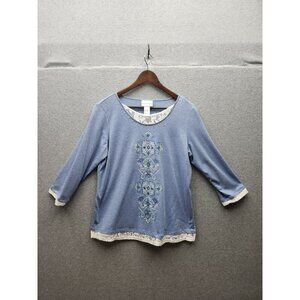 Alfred Dunner Womens Blue Embroidered Top With Lace Trim & 3/4 Sleeves Size M Co